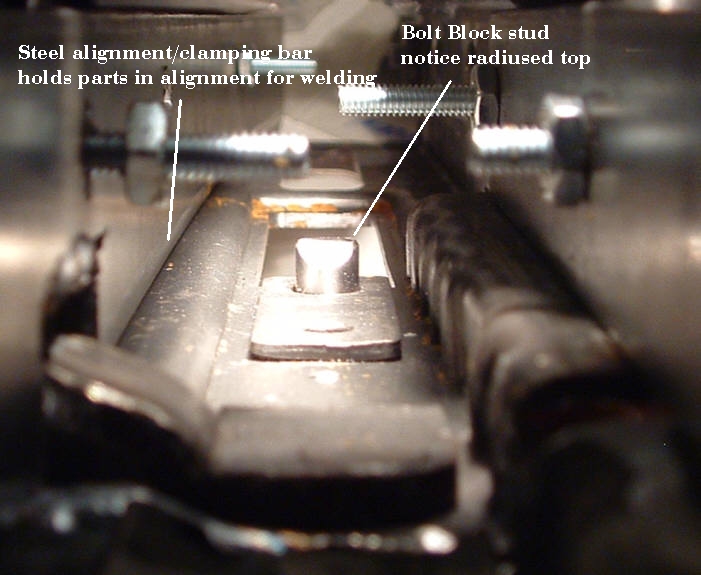view of bolt block stud inside receiver.
<br />Note steel bars holding receiver sections aligned.
